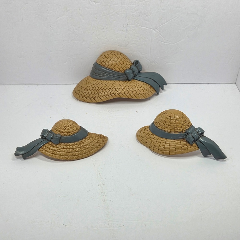 Vintage 1987 Burwood Products Straw Hat Wall Decor Set of 3 Blue Ribbon USA Made